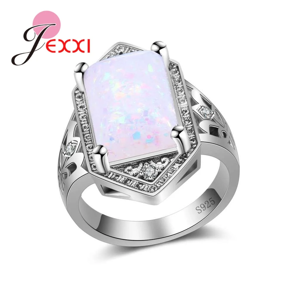 Wholesale Vintage 925 Sterling Silver Big Rectangle White Opal Rings For Women Female Romantic Trendy Wedding Accessory