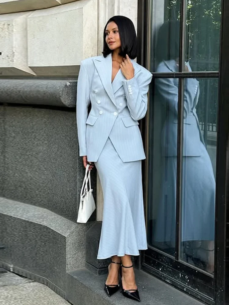 

Элегантный полосатый пиджак, юбка, женский комплект, двубортный пиджак с v-образным вырезом и карманами, модные весенне-осенние женские комплекты