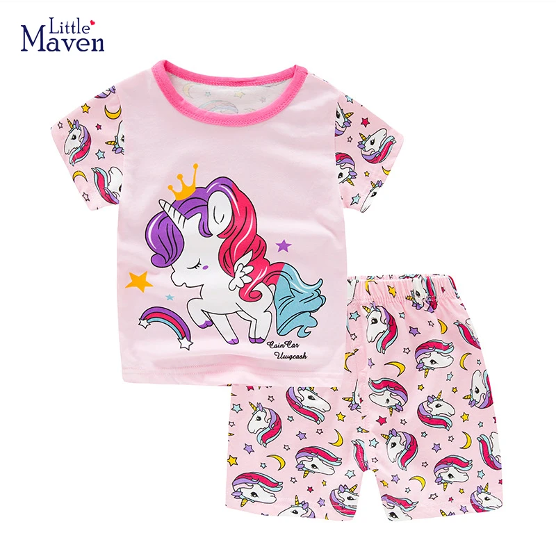 Little maven 2024 New Summer Baby Girls Children's Clothing Kids Clothes Sets Cartoon Unicorn Pajamas Tops+Pants Cotton