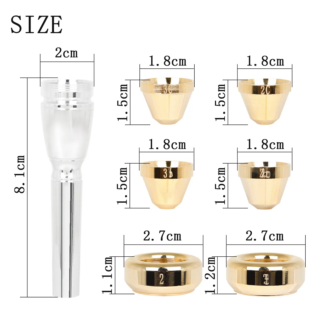 Gold Plated Brass Trumpet Mouthpiece Multi-Head Set - 7 Heads 3C3B2C2B Configuration Baja Style for Enhanced Performance