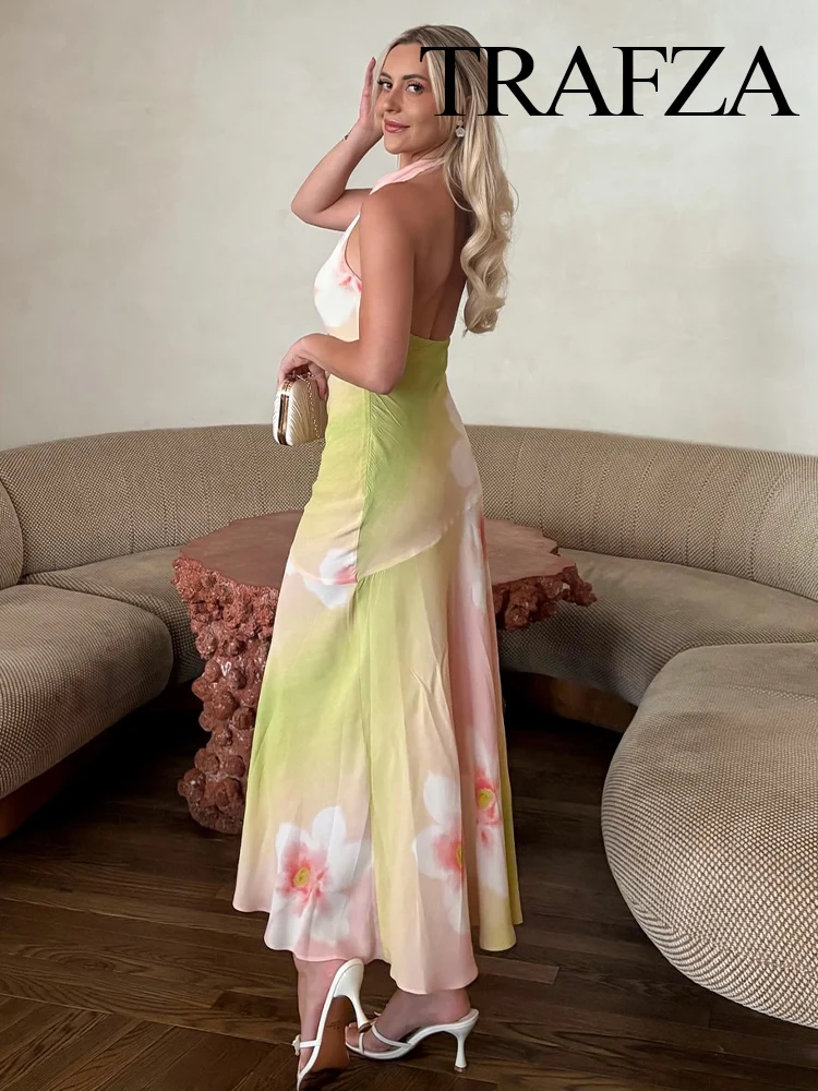 

TRAFZA Women Summer Fashion All-match Halter Neck Flower Printed Midi Dress Female Elegant Sexy Backless Beach Style Long Dress