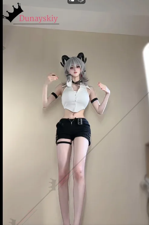 Zania Cosplay Freizeitkleidung Outfits Damen Kurzes ärmelloses Polokragen Slim Fit Hemd Shorts Set Game Wuthering Waves Kostüm