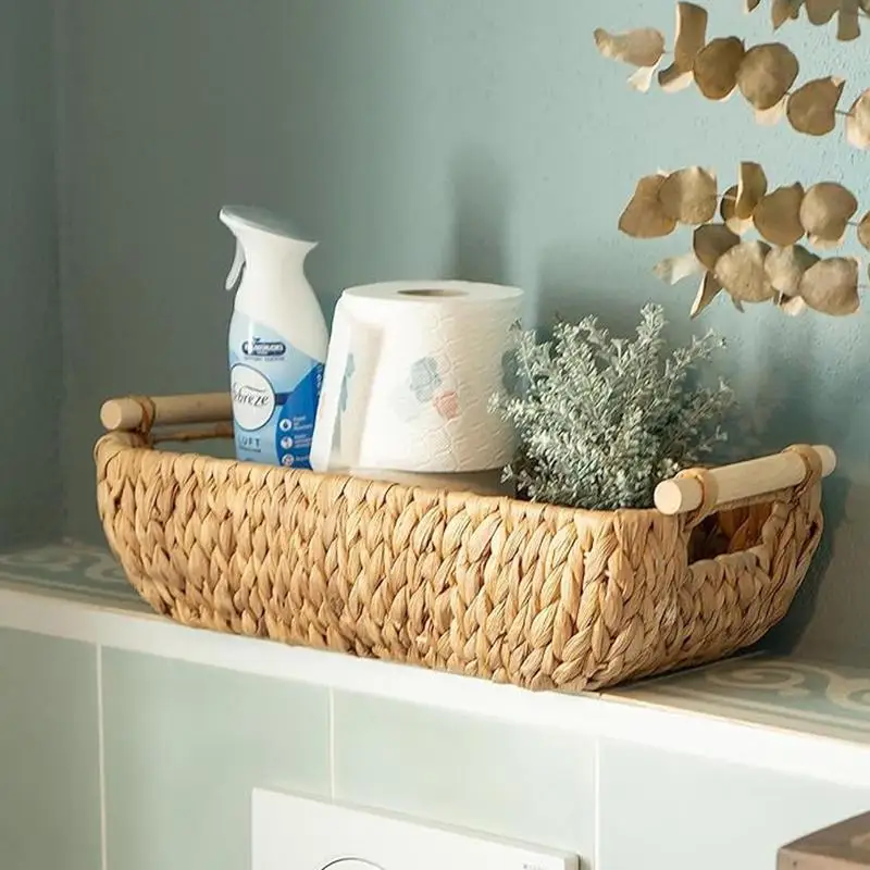 Woven Water Hyacinth Basket Woven Storage Basket Rectangle Wicker Food Snack Storage Basket With Handle Small Wicker Basket