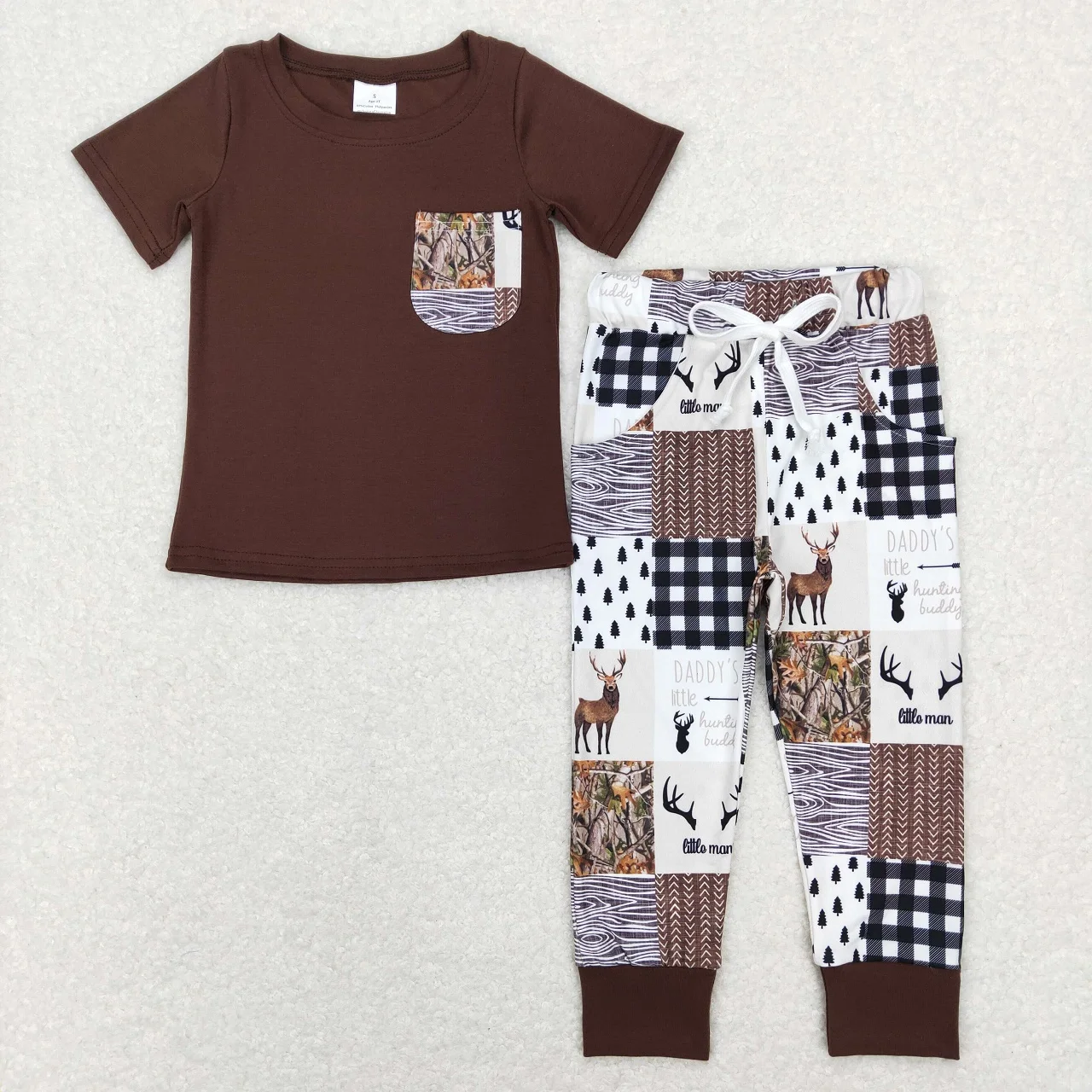 

Wholesale Baby Boy Outfit Toddler Clothes Short Sleeves Cotton T-Shirt Kids Deer Pocket Pants Trousers Infant Children Sets