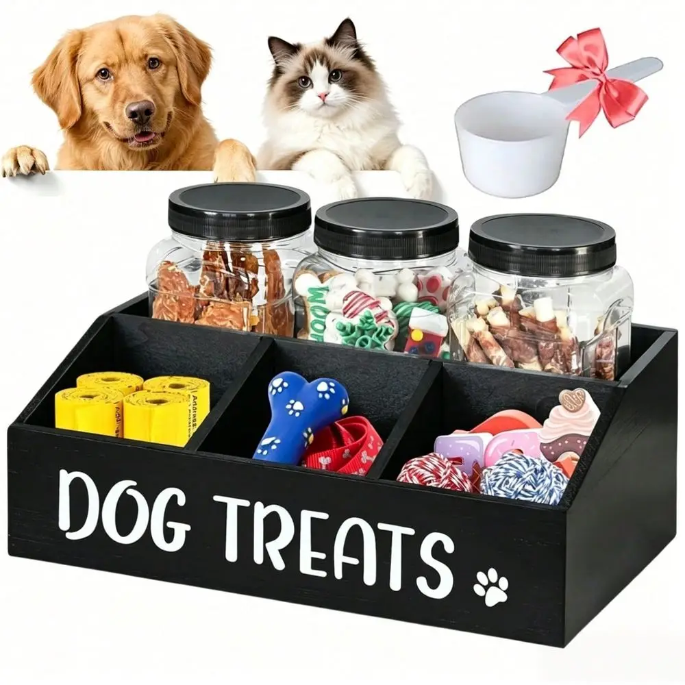 

Wooden Dog Food Container, A Dog Food Storage Container Rack, With 3 Plastic Dog Snack Cans, A Farmhouse Dog Food Storage Cat S