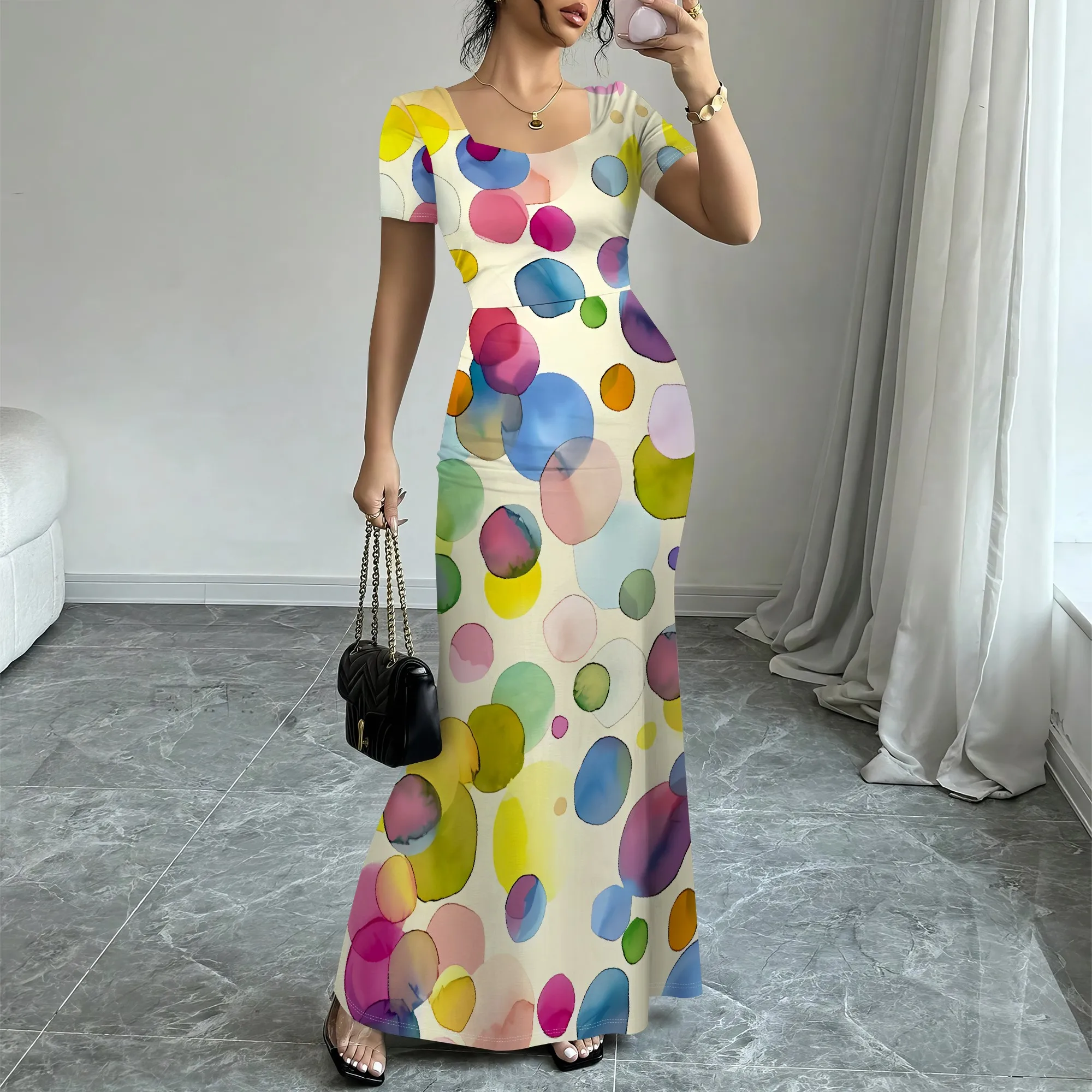

Nupusa Dot Print Mermaid Dress Women Summer Short Sleeve Casual Maxi Dress