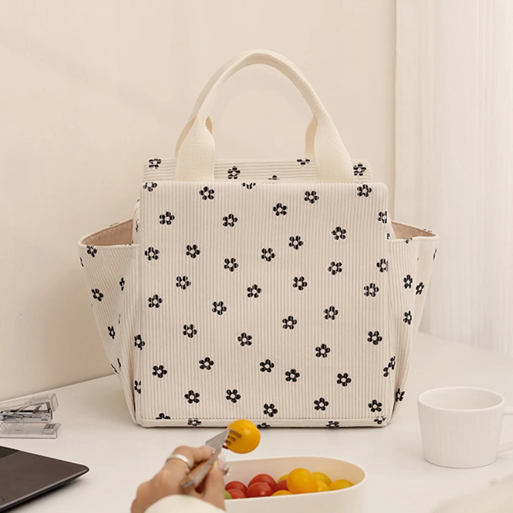 For Beach Trips Spacious Storage Corduroy Lunch Bag Daily Lunch Prep Compact Travel Cooler Multiple Container Accommodation