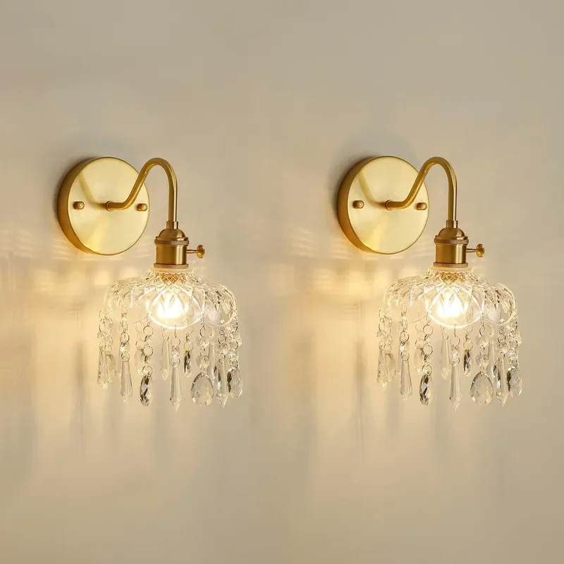 Crystal Wall Sconce Set Gold Brass Fixture with Glass Shade and Hanging Crystals Modern Elegant Wall Light 2 Pack