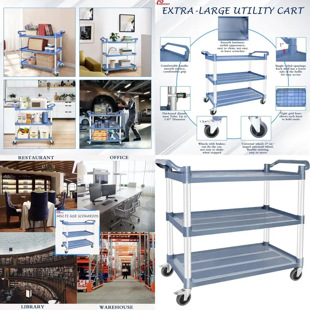 

Sturdy 3-Tier Rolling Kitchen Cart with 600lbs Load Capacity, Lockable Casters for Restaurant, Office, and Commercial Use