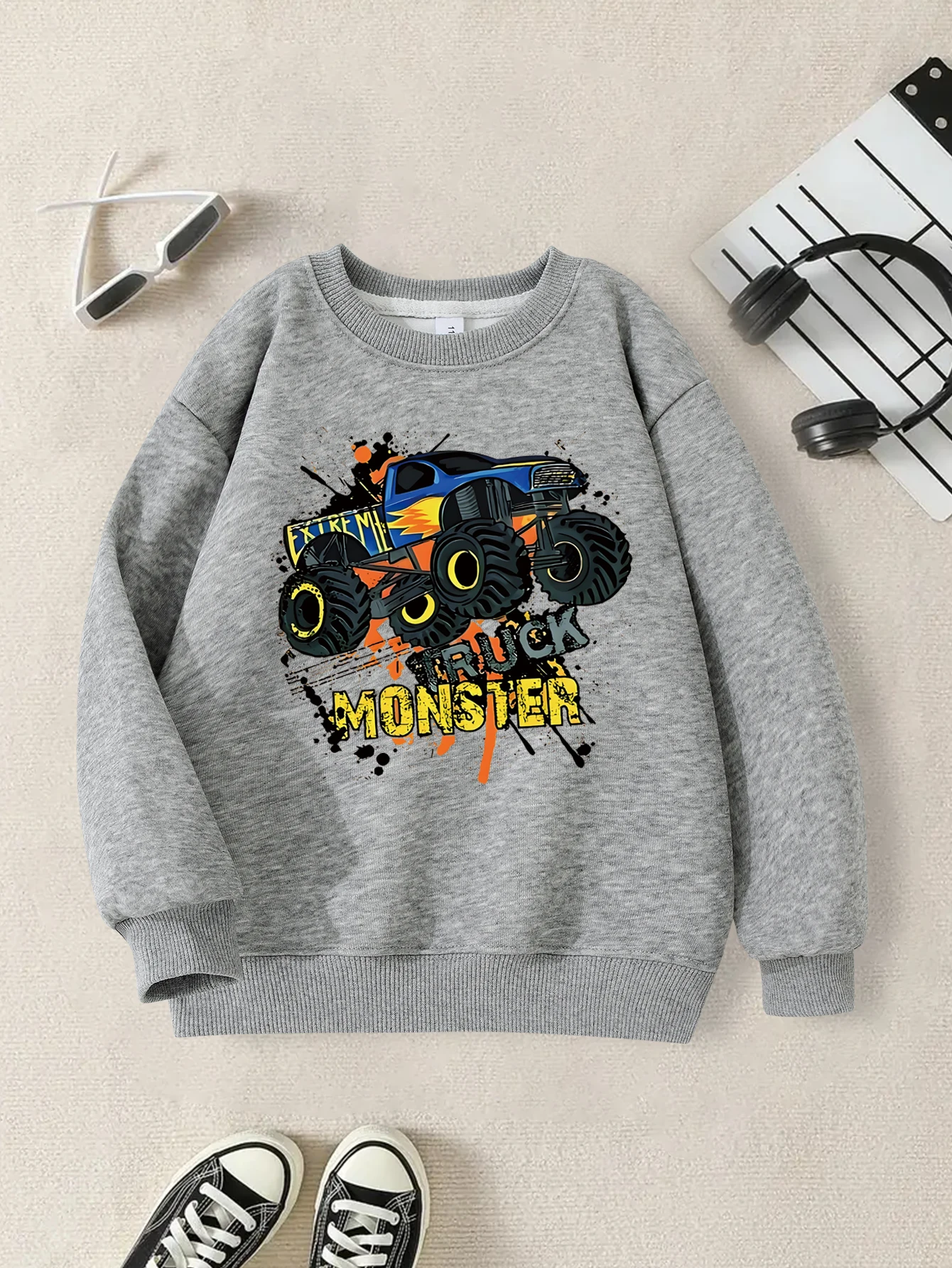 남아용 후드티; 편안하고 통기성 좋은 소재; 프린트 패턴; 가을용 아동 패션 라운드넥 상의.