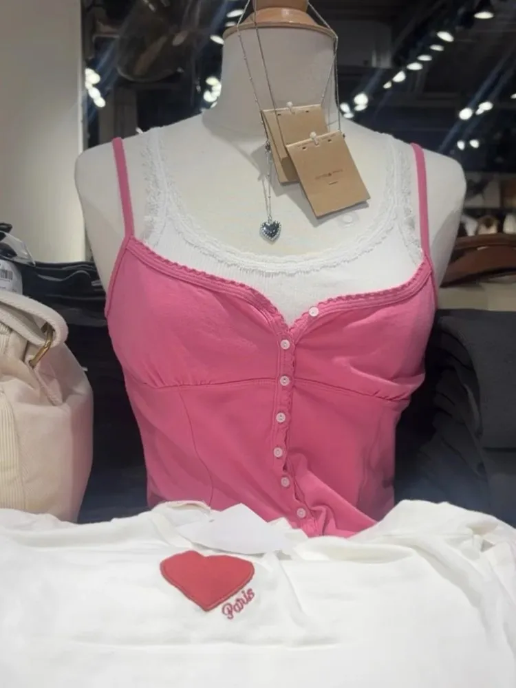 Raspberry Pink Slim Crop Top Woman Summer V-neck Single Breated Cotton Short Camisole Vintage Sweet Preppy Style Tank Tops Y2K