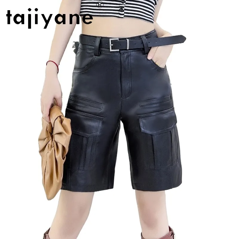 TAJIYANE Top Layer Cowhide Genuine Leather Shorts Cargo Shorts for Woman Slim Fit Straight Women's Shorts Black Bootyshorts 반바지