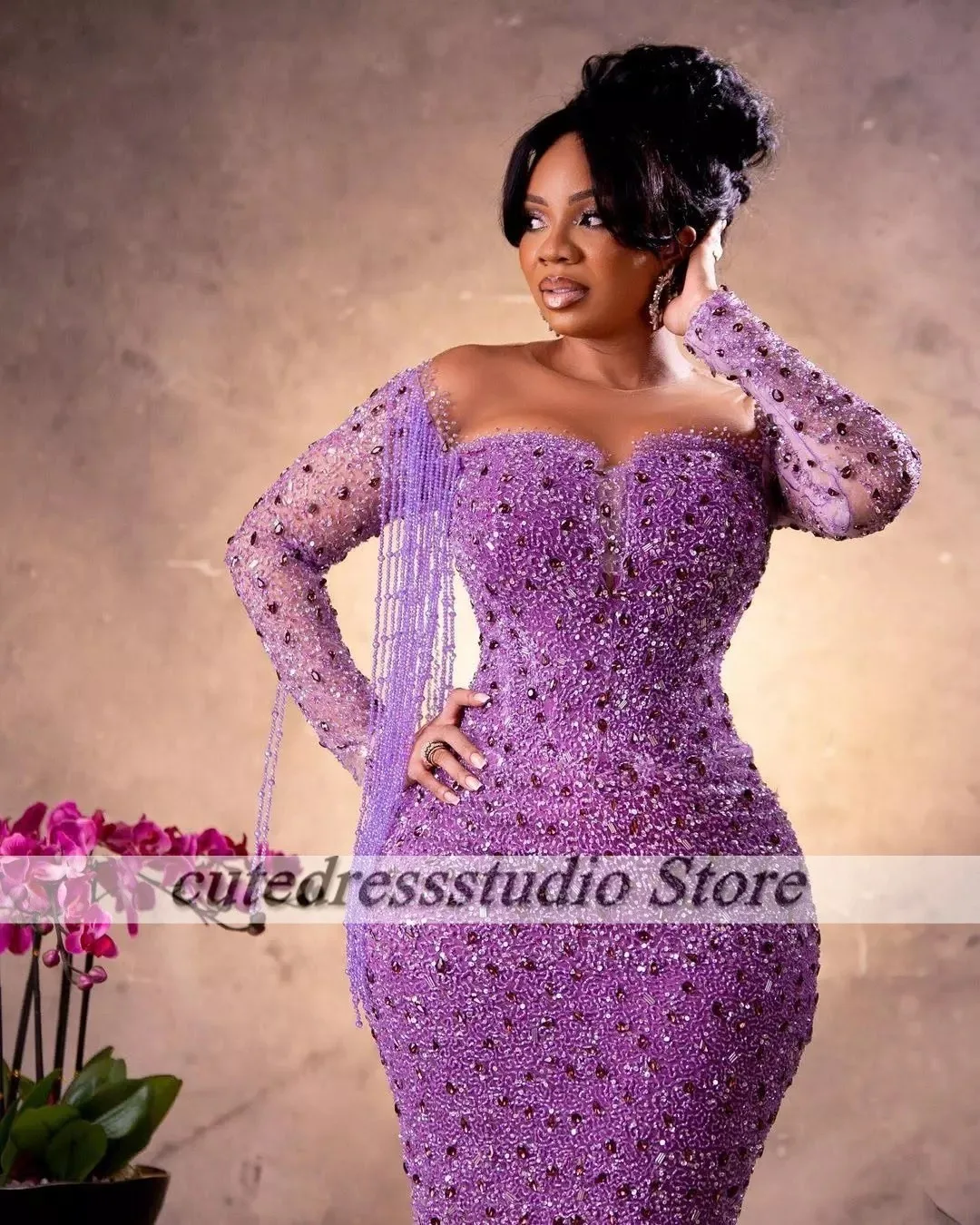 Luxury Nigerian Plus Size Evening Dresses Long Sleeves Beading Purple Mermiad Wedding Party Gowns Aso Ebi Special Occasion Dress