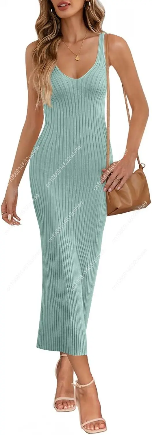 

Womens 2025 Summer Spring V Neck Knit Midi Dress Bodycon Casual Sleeveless Ribbed Sweater Dresses