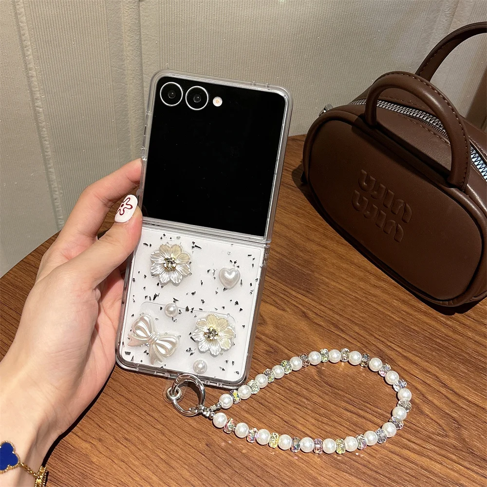 Luxury Sweet 3D Flower Bow Heart Silver Foil Phone Case for Samsung Galaxy Z Fold 7 Pearl Bead Wrist Strap Cover for Z Flip 7-3