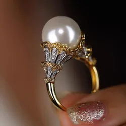 14K Gold Pearl Diamond Ring Party Wedding Band Rings for Women Bridal Engagement Jewelry