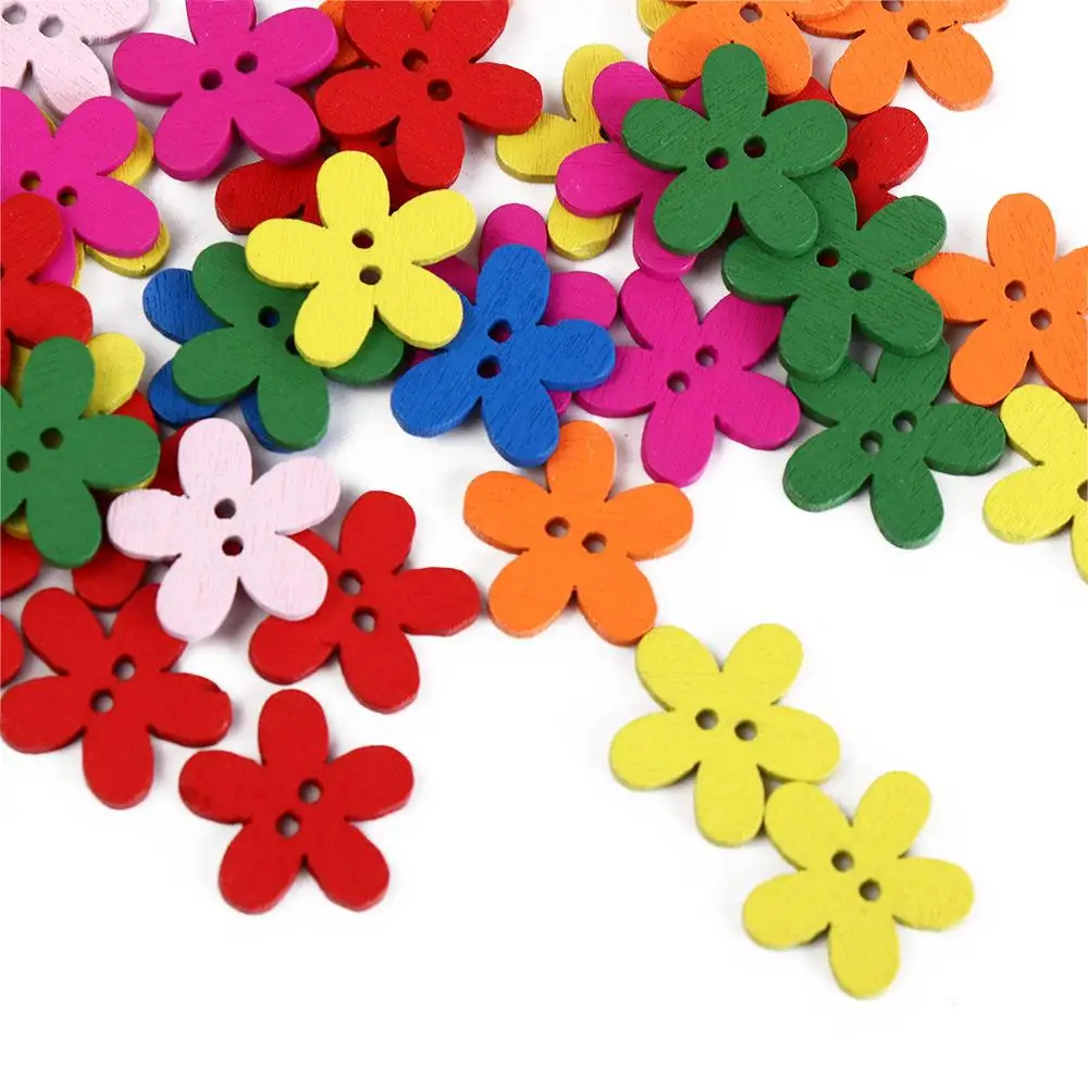 100pcs DIY Flower Shaped Flower Wooden Button 2 Holes Flat-back Clothing Button Cute Colorful Sewing Button Clothing Sewing