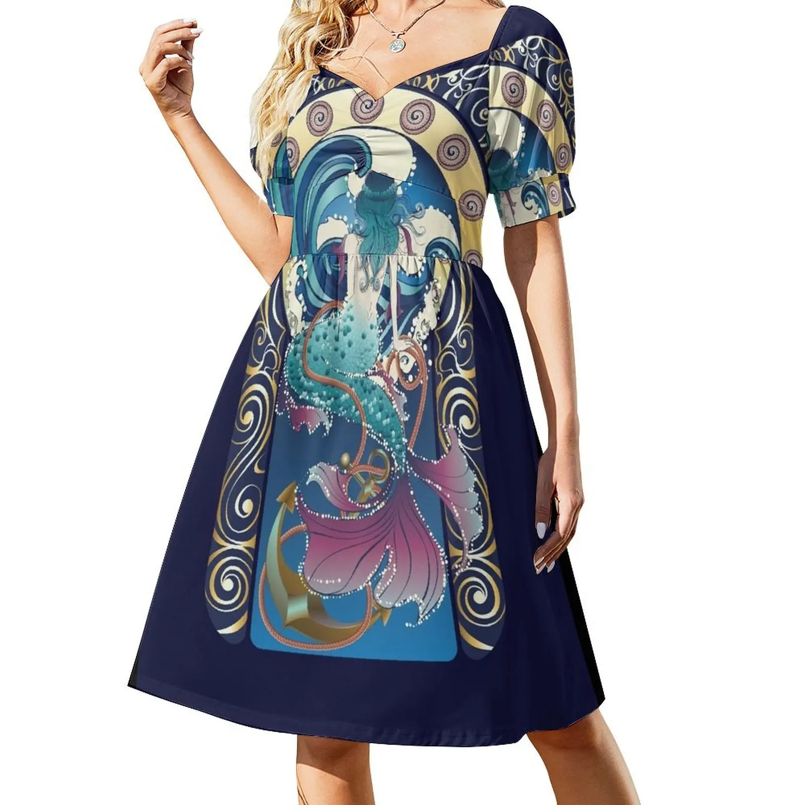 Blue Mermaid art nouveau Short Sleeved Dress Woman fashion luxury dresses elegant evening dresses for women 2025 Dress