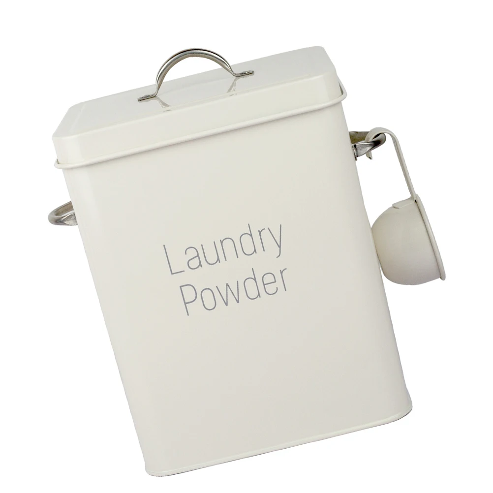 

Metal Storage Can White Food Container with Spoon Laundry Powder Rice Bucket Pet