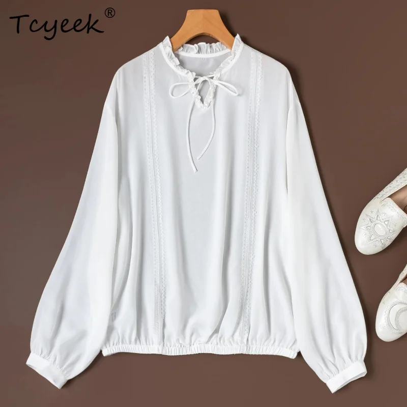 

Tcyeek 100% Real Silk Women Shirt 2026 Spring Romantic Ruffled Collar Lace Trim White Blouses Clothes for Woman Roupas Femininas