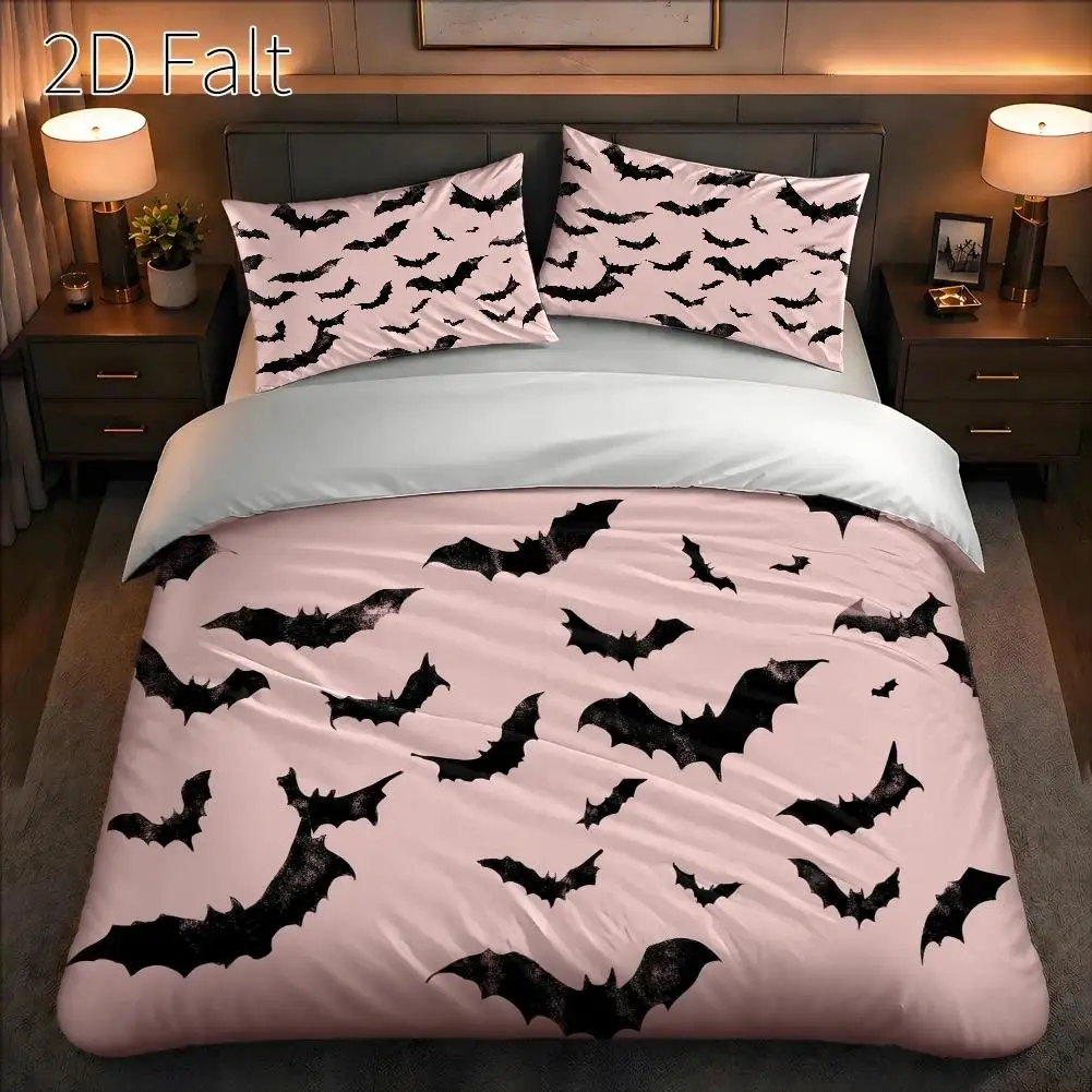 3-Piece Quilt Cover Set, 1 Quilt Cover + 2 Pillowcases (Without Filling) 2D Flat Printing, Quilt Cover Set of Three, Bat-Themed Pattern, Vintage Hand-Painted Style, Halloween, Suitable for All Seasons, Machine Washable, Invisible Zipper, Large Quilt Cover Set, Bedding Set, Skin-Friendly and Breathable, Soft and Comfortable, Does Not Fade or Pill, for Home/Dormitory