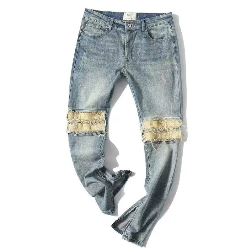 

Trousers Slim Fit Man Cowboy Pants Motorcycle Men's Jeans with Holes Torn Broken Grunge Y2k Skinny Ripped Tight Pipe Slits Goth