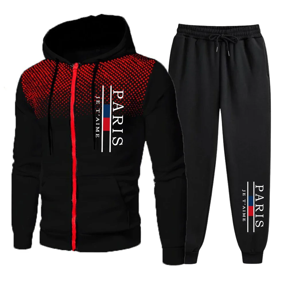 

Men's running pants set, daily hooded sweatshirt, sportswear, fashionable printed casual polka dot zipper sweatshirt