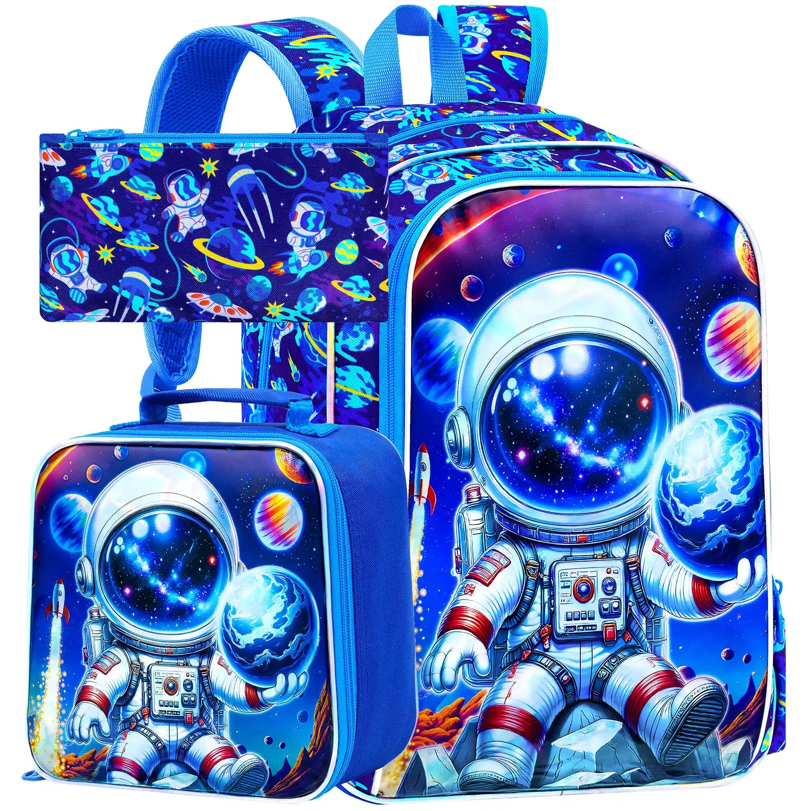 

3Pcs Backpack for Boys, Astronauts Bookbag with Lunch Box, Kids School Backpacks Set for Elementary Preschool Kindergarten