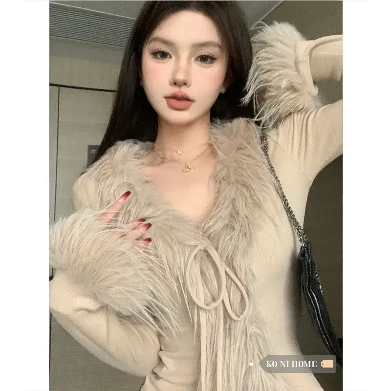 

Solid Color Fur Knitted V-neck Tie Cardigan Women Clothes Cropped Fashion Hot Girls Y2k Tops Korean Atmosphere Slim Fit T-shirt