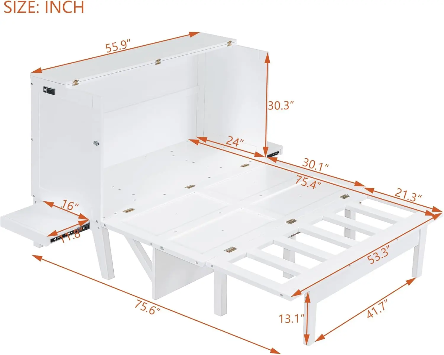 Full Size Murphy Bed, Full Murphy Cabinet Bed with USB Port and Removable Shelves on Each Side, White