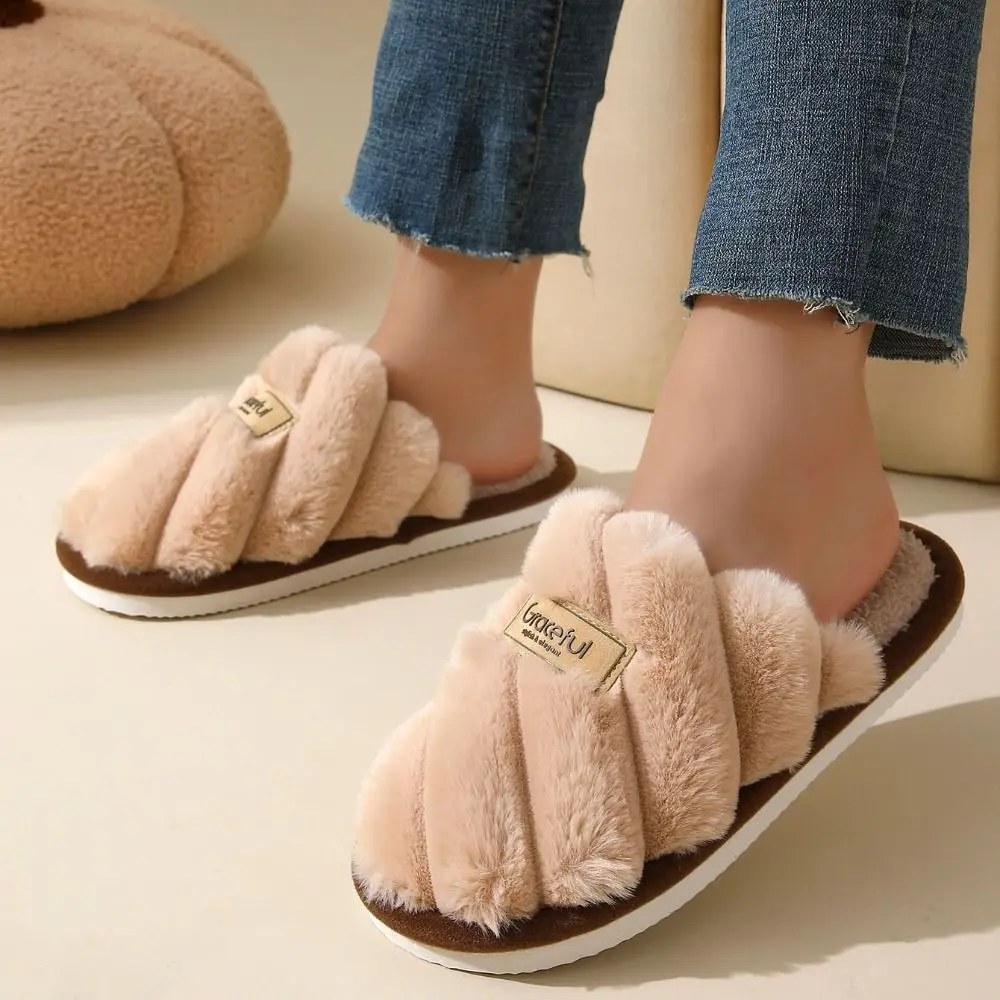 

Удобные плюшевые тапочки в полоску, нескользящие пушистые мягкие домашние тапочки, утепленные повседневные флисовые тапочки, подарки