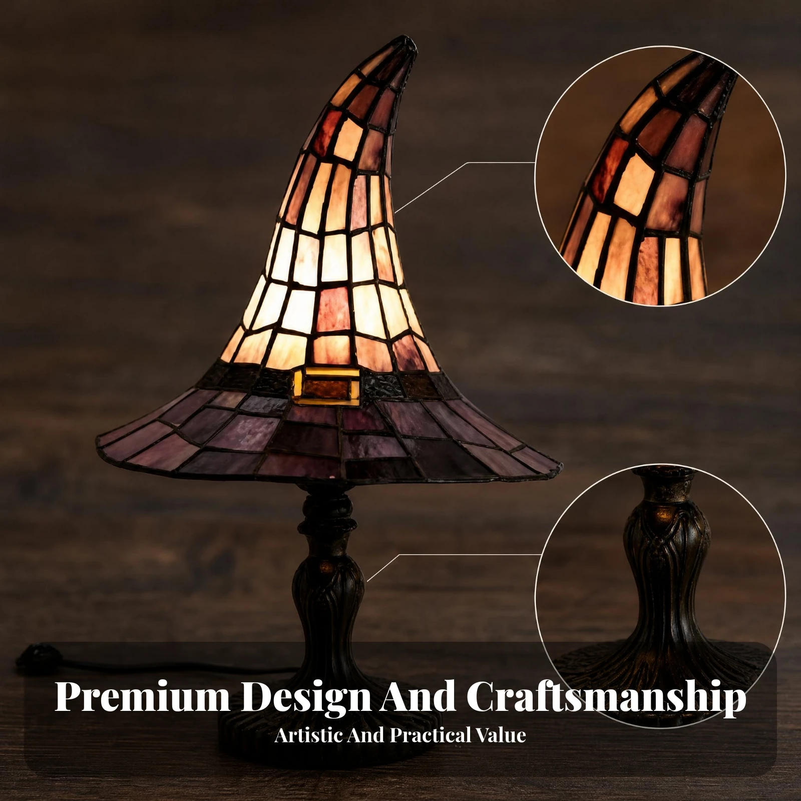 Stained Glass Witch Lamp Pointed Shade Gothic Witch Hat Light Tabletop Lamp Ornate Base Home Decor Segmented Pattern