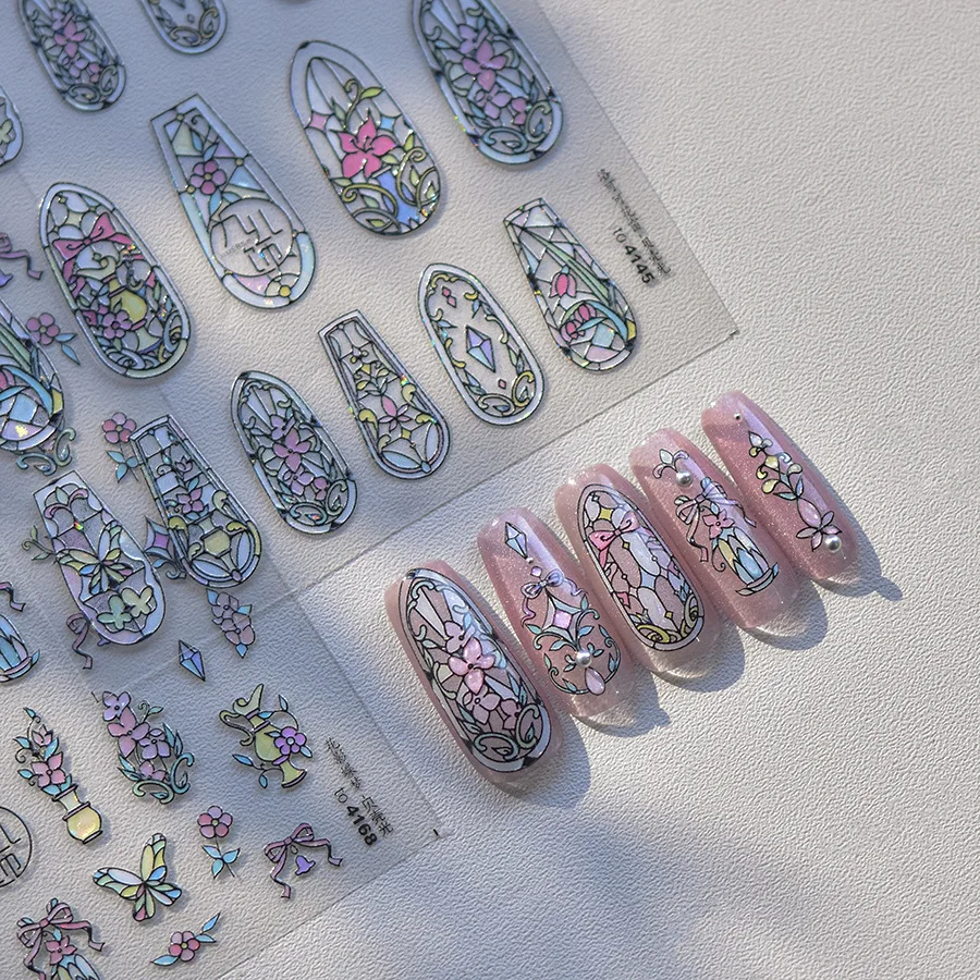 1pcs Shiny Shell Light Rococo Flower Window Butterfly Nail Stickers Geometric Frame Stamp 5D Embossed Nail Art Stickers Decals