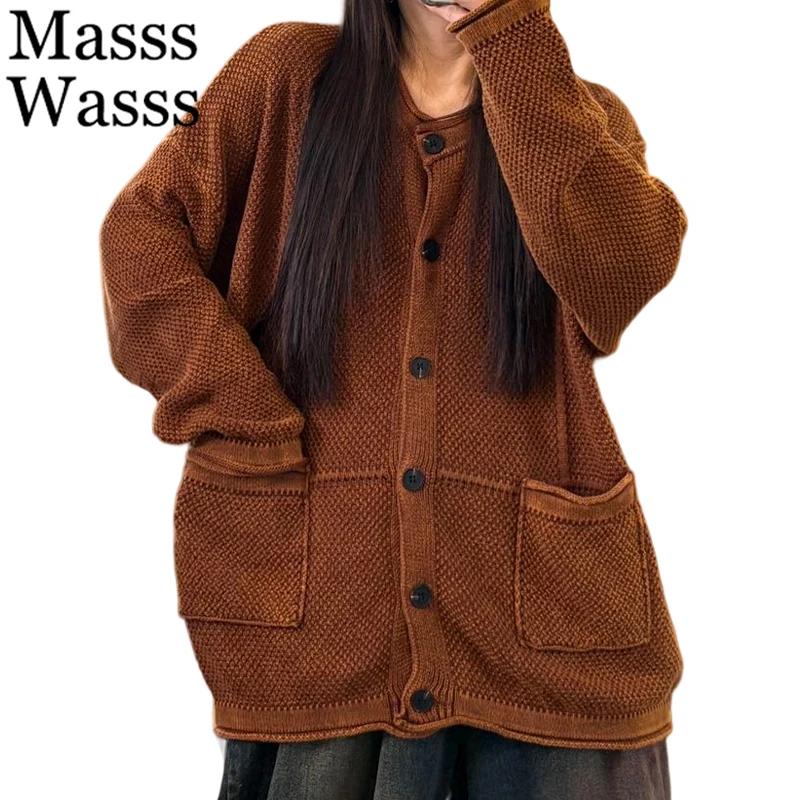 

Masss Wasss Brand Autumn Fashion Knitwear Womens Casual Oversized Cardigans Ladies Vintage Solid Classic Loose O Neck Sweaters