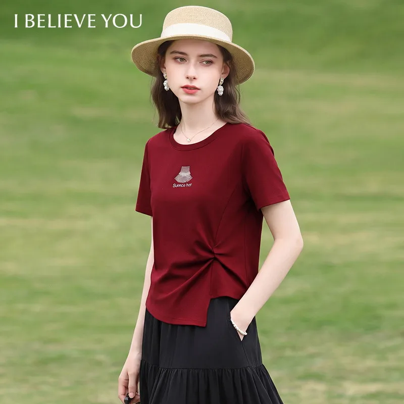 

I BELIEVE YOU Round Neck Short Sleeved T-Shirt For Women Summer 2026 Bead Embroidered Pleated Irregular Hem Slim Top 2262016359