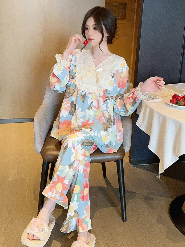 

Spring Autumn Long Sleeve Thin Sleepwear Set Women's Sweet Flower Print Home Clothes Winter Warm V-Neck Pullover Home Fashion