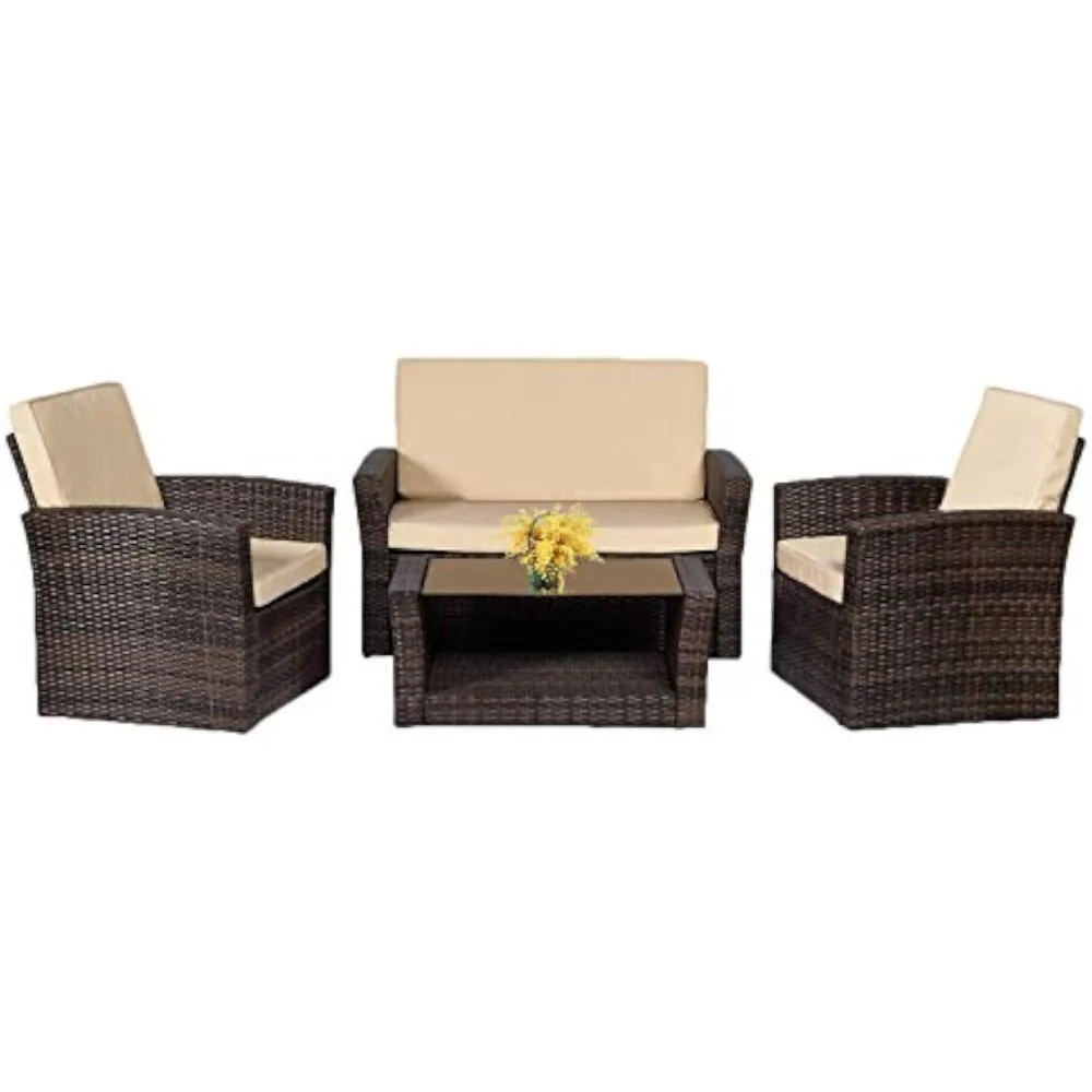 

4 Pieces Outdoor Patio Furniture Sets Sectional Sofa Rattan Chair Wicker Conversation Set Outdoor Backyard Porch Poolside Balco