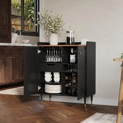 Modern 32 inch Wide Coffee Bar Cabinet with Wine Storage, Liquor Cabinet with Glass Holder & Grid Rack, Fluted