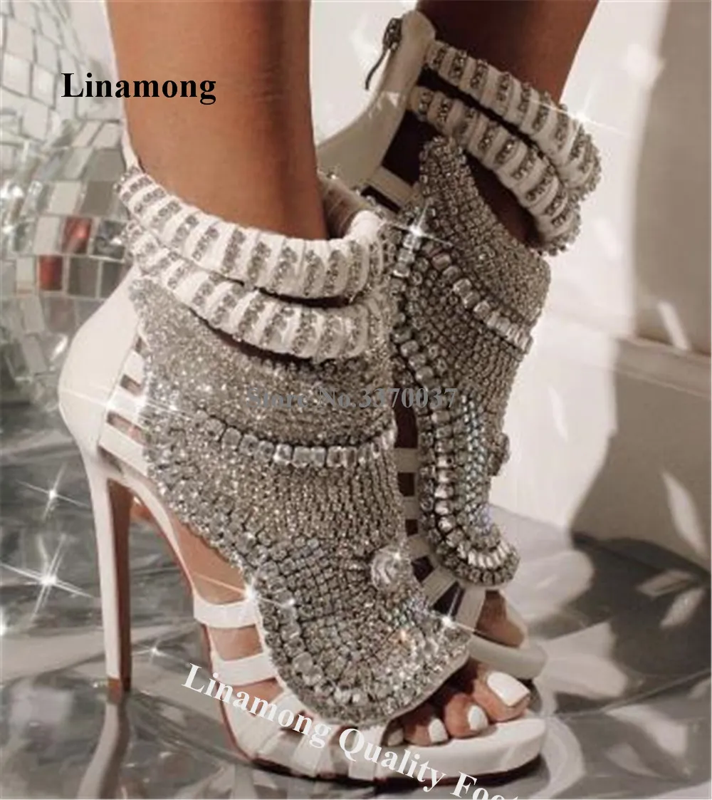 Linamong Bling Bling Rhinestones Cut-out Stiletto Heel Short Boots Open Toe White Nude Black Diamonds Crystals Thin Heel Sandals