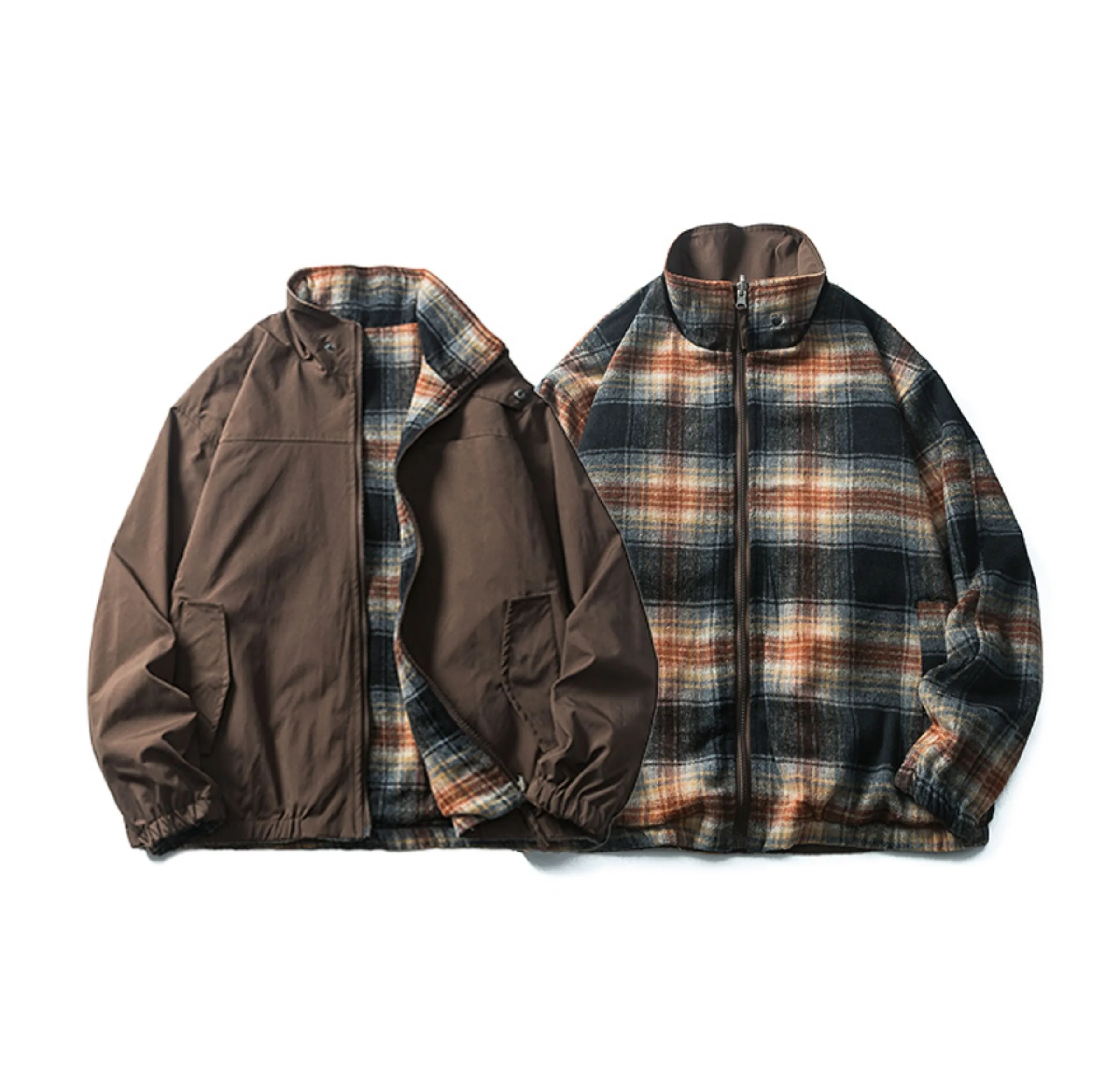 

Plaid Autumn Japanese Retro Double-sided Stand Up Collar Jacket, Autumn Neutral Style Loose Jacket for Men