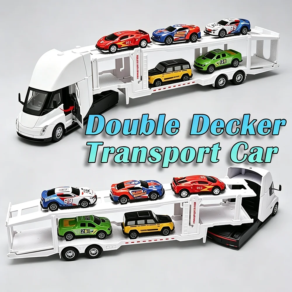 1:32 Model Toy Car Double Decker Transport Vehicles Alloy Diecast Front Wheel Steering Pull Back Sound Light Ornament Models