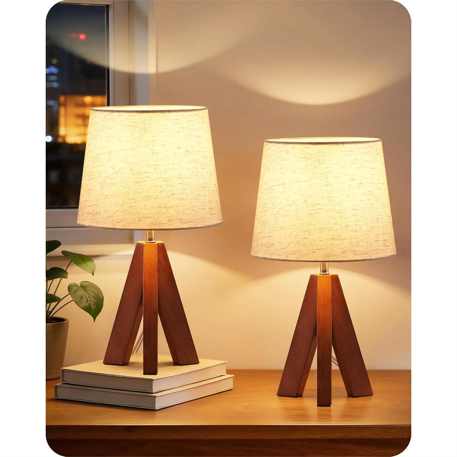 Tripod Table Lamps Set of 2, Small Bedside Lamps, Modern Nightstand Lamp with Dark Pearwood Base & Beige Shade, Boho Desk Light