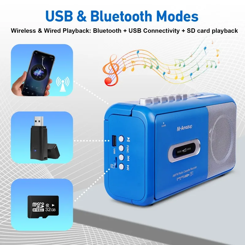 Portable Tape Playback Radio Recorder Support Bluetooth U Disk TF Card Car Tape Player Radio AM/FM Stereo Retro Cassette Players view 4