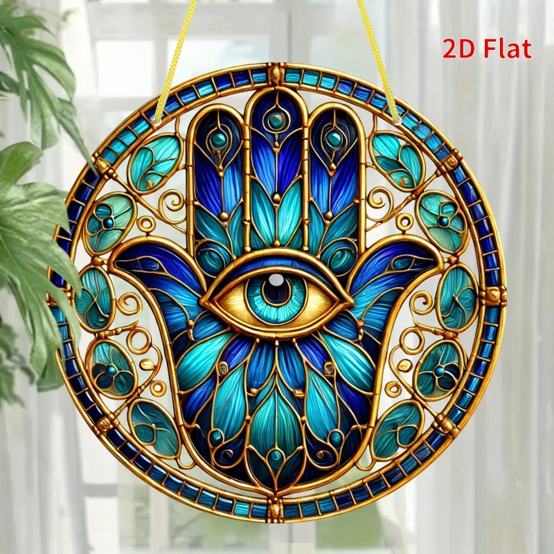 Flacher, luxuriöser 2D-Sonnenfänger aus türkisfarbenem und goldenem Hamsa-Hand mit bösem Blick – 2D flache Acryl-Wand- und Fensterdekoration, islamisch/mediterran