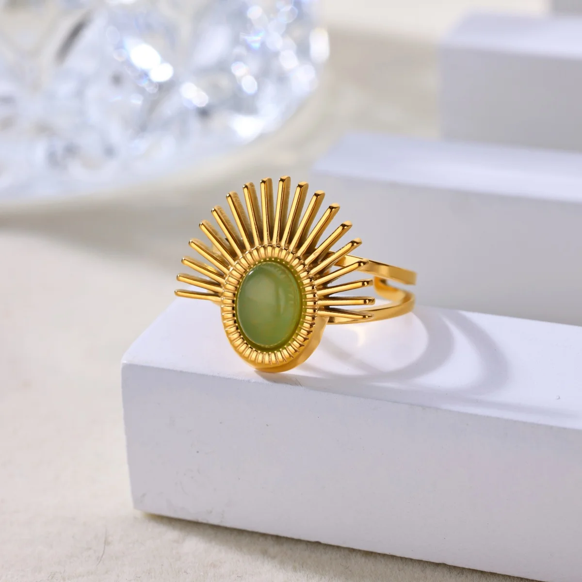 Stainless Steel Green Stone Rings For Women Open Gold Color Geometric Fan Shape Ring Aesthetic Jewelry Wedding Gifts Bague