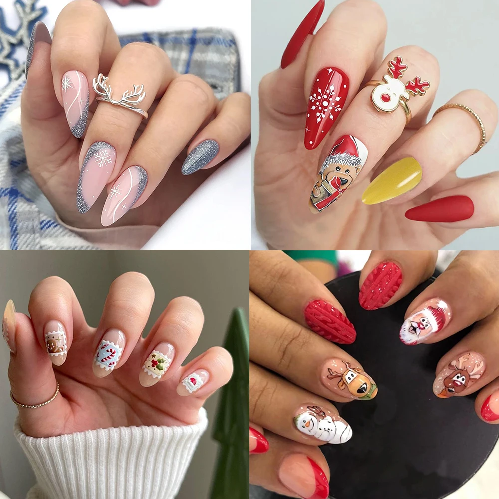 取り外し可能なクリスマスフレンチ偽爪アーモンドフルカバープレス爪ウェアラブルマニキュア偽爪女性