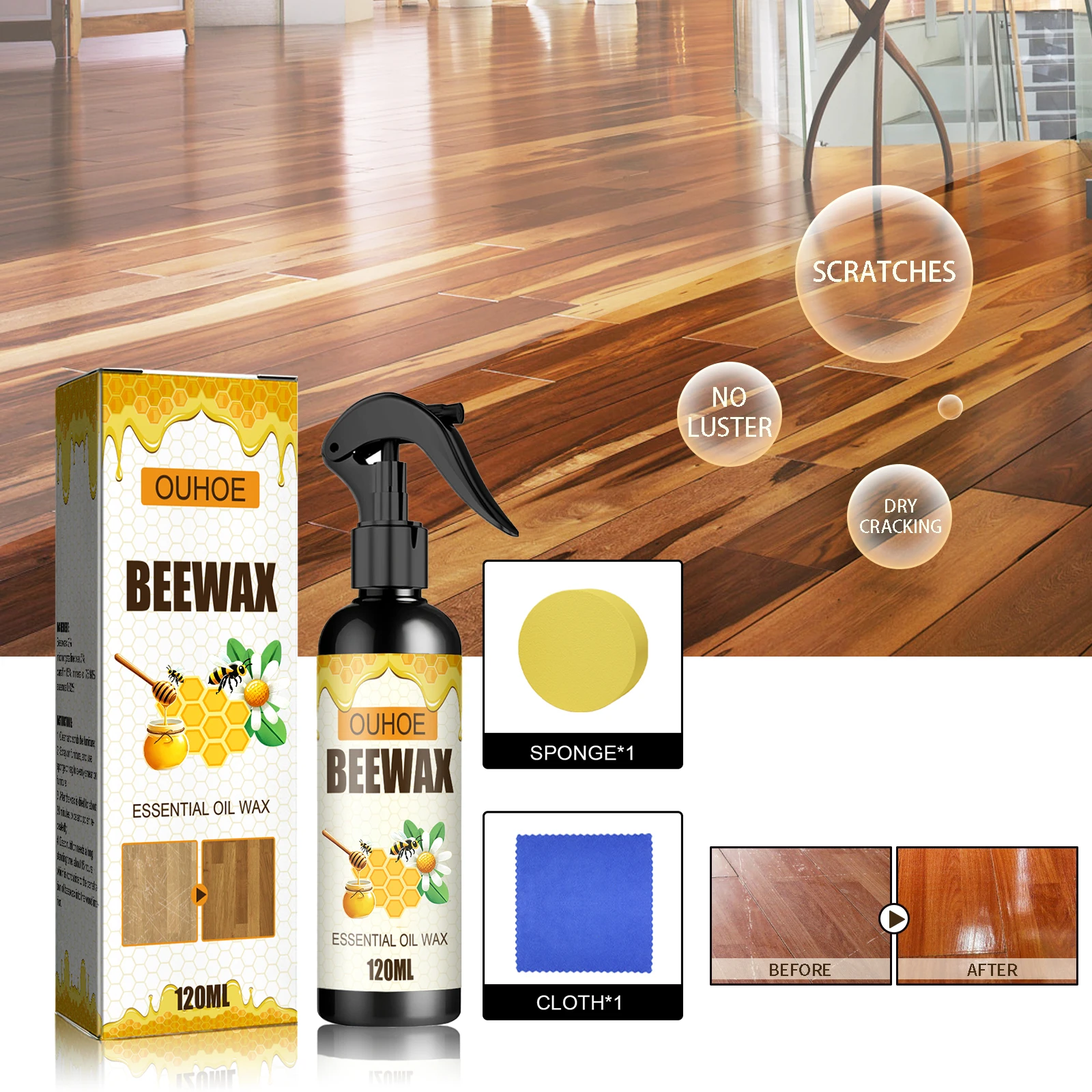 Natural Beeswax Spray, Furniture & Wood Polish, Wood Floor Care Wax, Cleans, Polishes & Waterproofs, Prevents Cracking & Drying, Restores Scratches & Faded Wood, Restores Shine, for Cabinets, Tables, Floors, Antique Wood
