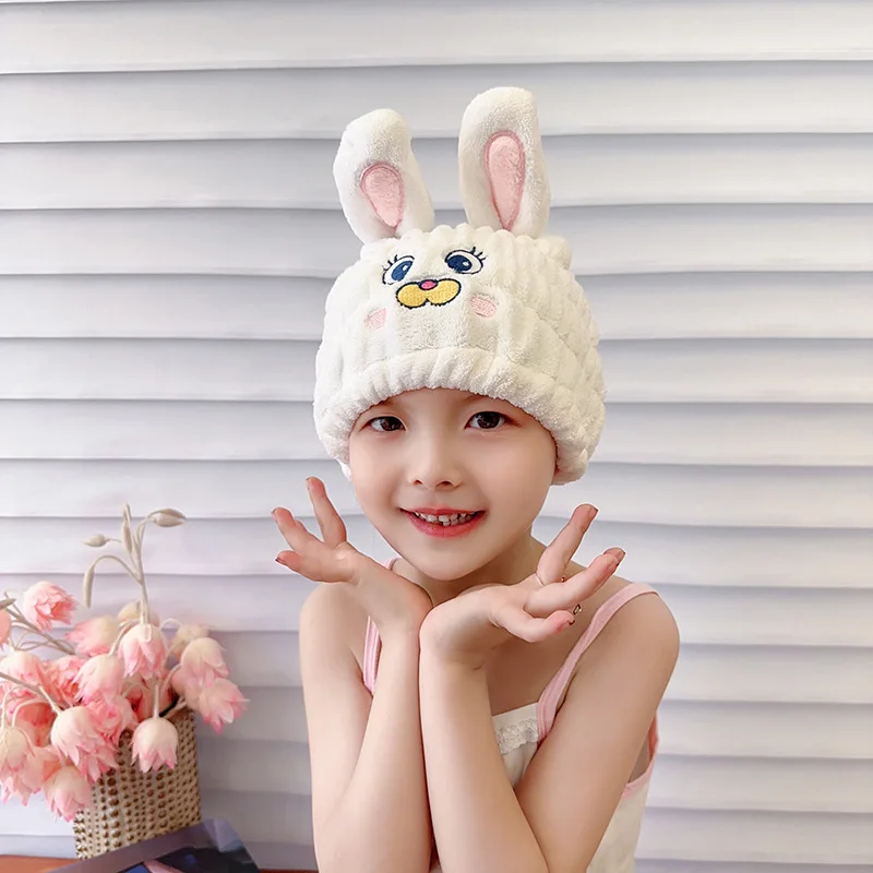 

Детская шапочка для сухих волос, шапка с кроликом, коралловый флис, впитывающая мультяшная милая шапочка для душа для женщин и взрослых