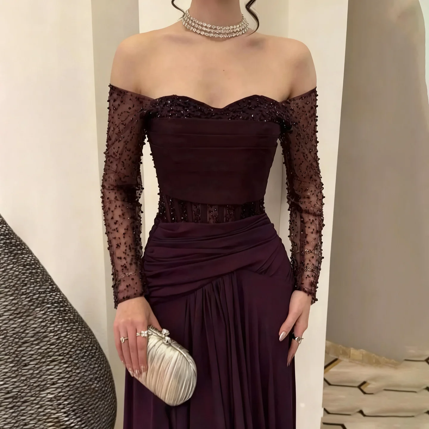 

Vintage Dark Purple Off Shoulder Lace Mermaid Prom Dresses Sequined Luxury Beaded Pearls Sweep Train Evening Dresses Customized