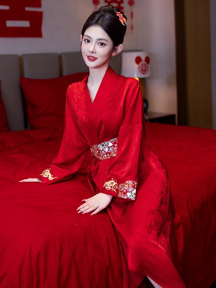

Шелковая пижама в китайском стиле для женщин, свадебный халат, сексуальный красный утренний халат из ледяного шелка, праздничное платье на Китайский Новый год